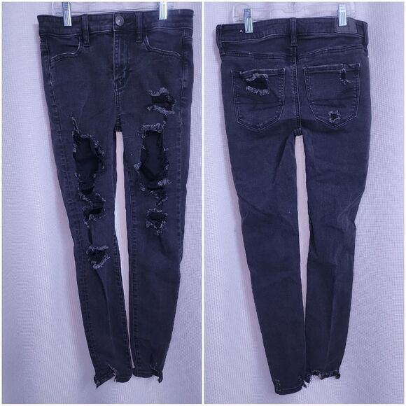 American Eagle Hi-Rise Jegging Distressed Black Jeans Women's size 4 Regular - Picture 1 of 8